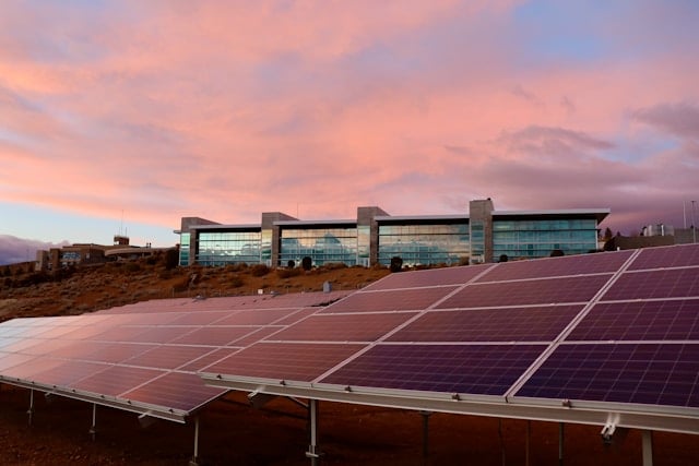 Solar panels at sunset