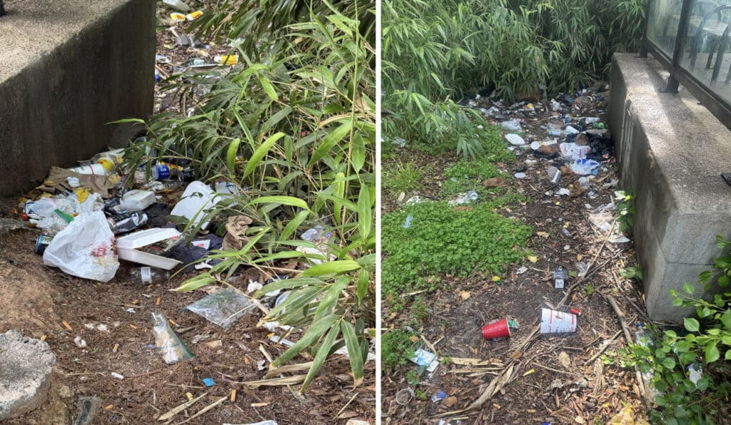 (Left) behind the bus stop. (Right) To the side of the bus stop