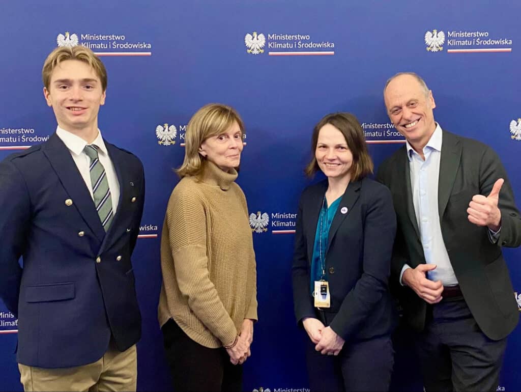 Johnny, Kathleen Rogers, President (EDO), Katarzyna Wrona Director of Climate Negotiations, Max Falcone, Strategic Advisor for Europe (EDO), campaigning together in Warsaw