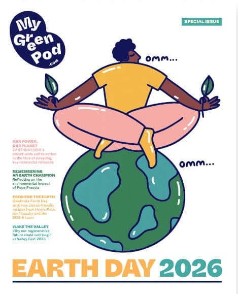 My Green Pod cover for April, 2026, featuring Earth Day and meditator on the globe