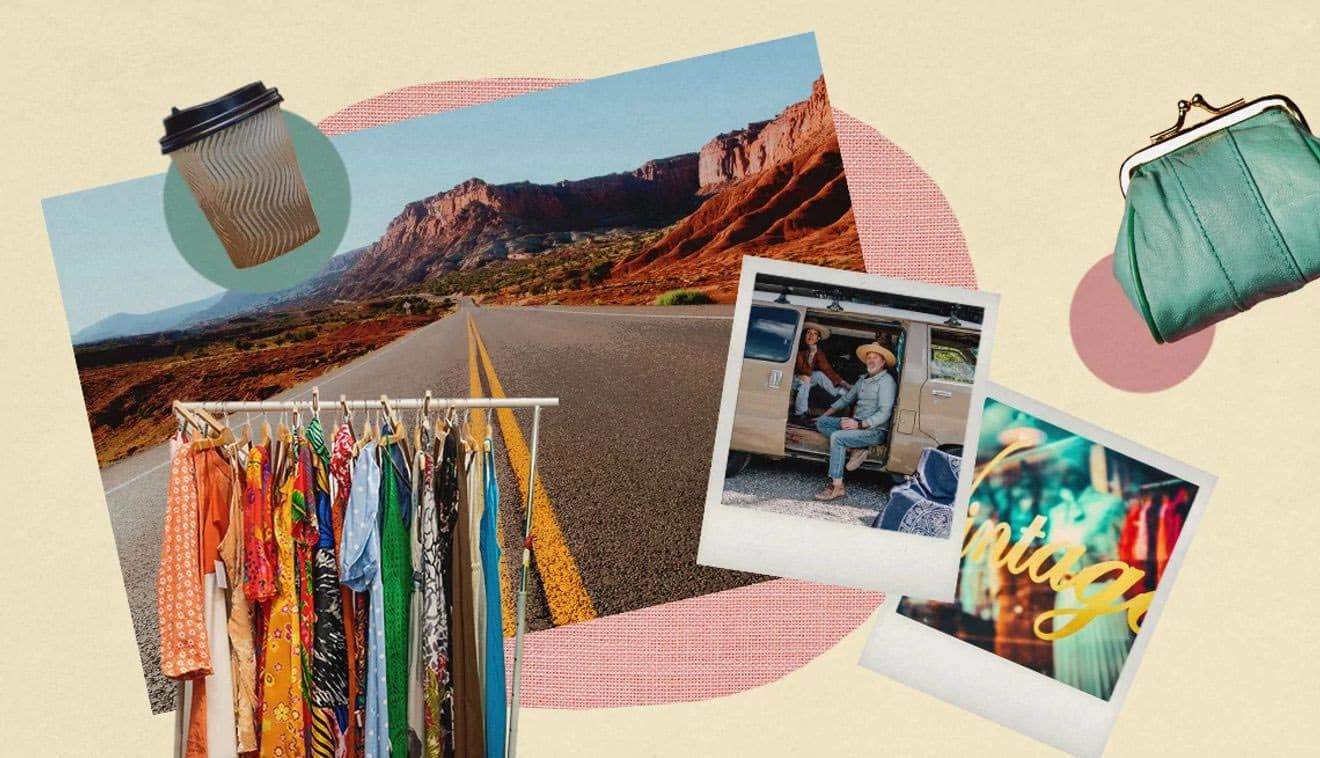 Collage of typical thrifting finds atop a photo of the open road.