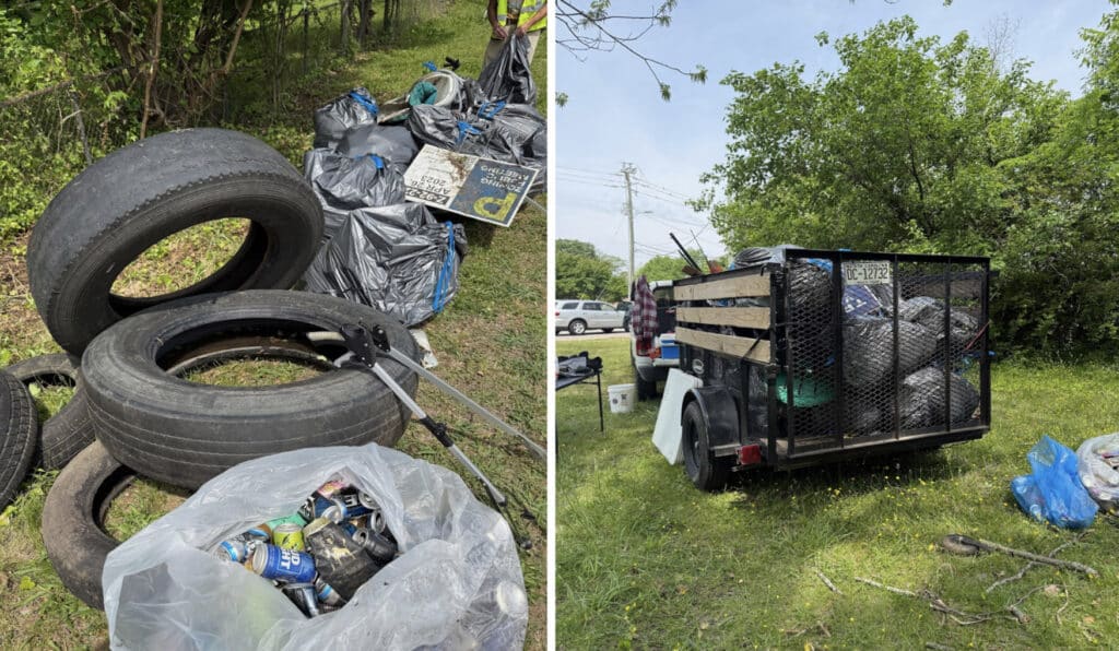 (Left) Pile of tires and trash removed from the environment (Right) Truckload of trash removed From the environment.
