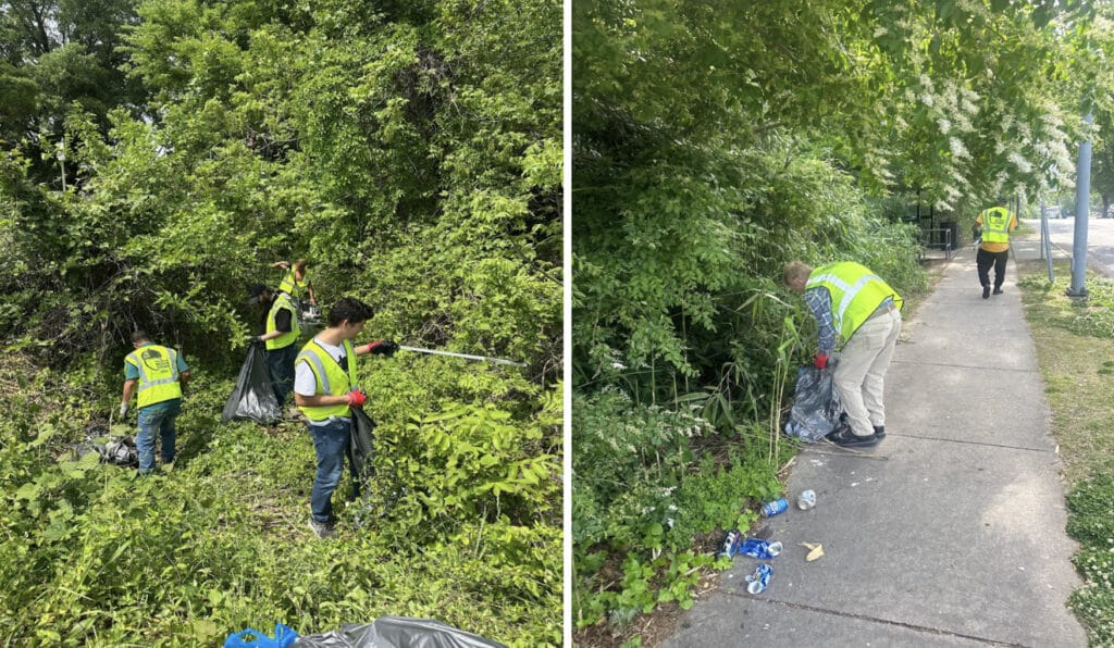 (Left)Workforce workers and Michael Karapetian cleaning up (Right) Workforce cleaning up on sidewalk