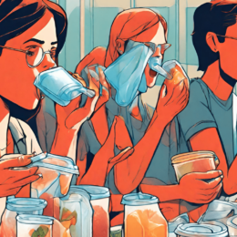 Cartoon people eating plastic