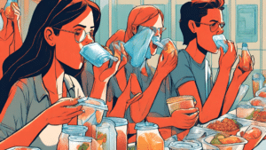 Cartoon people eating plastic