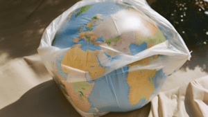 Plastic bag encircling a globe