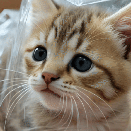 Kitten wrapped in plastic.